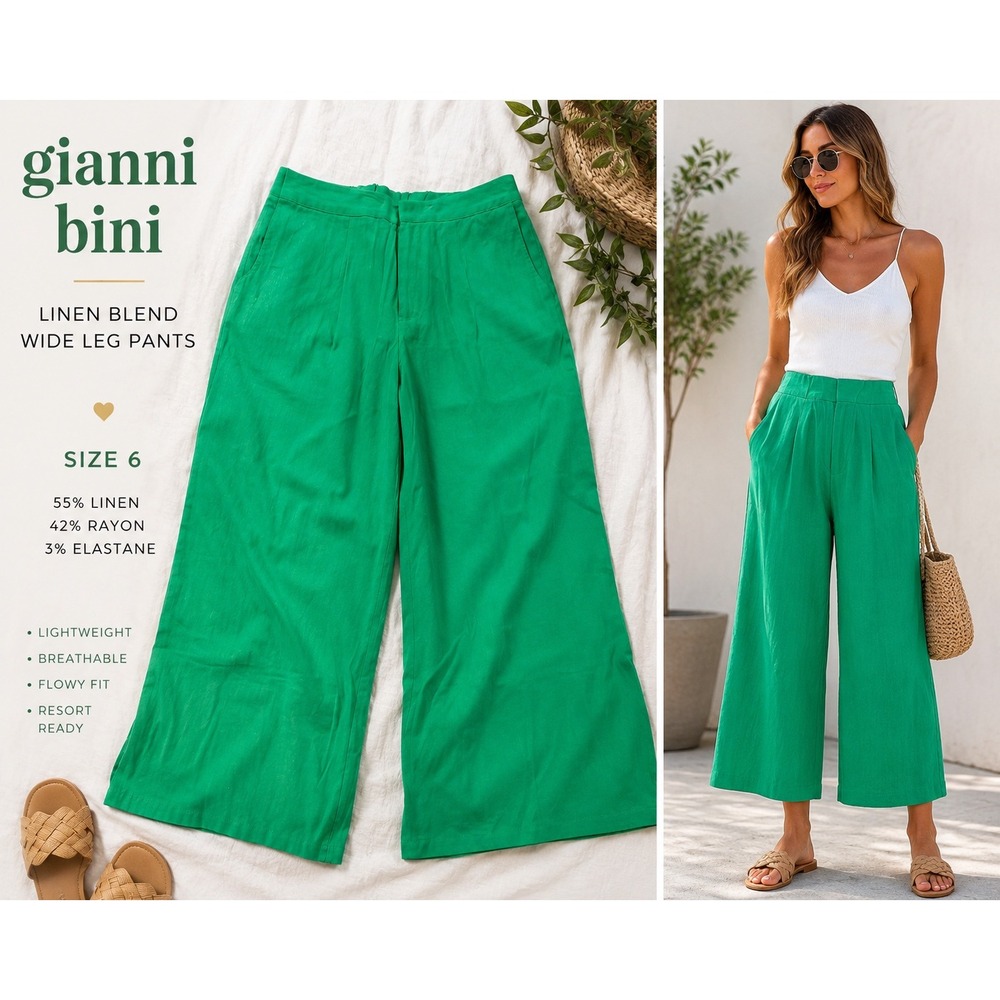 Gianni Bini Emerald Green Linen Blend Wide Leg Pants Size 6